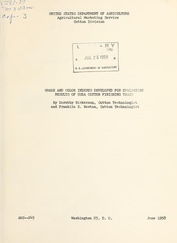 Cover of Grade and color indexes developed for evaluating results of USDA cotton finishing tests
