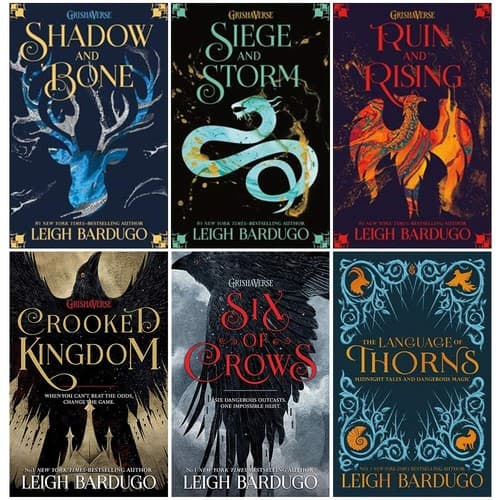 Cover of Shadow and Bone/Siege and Storm/Ruin and Rising/The Language of Thorns/Six of Crows/Crooked Kingdom