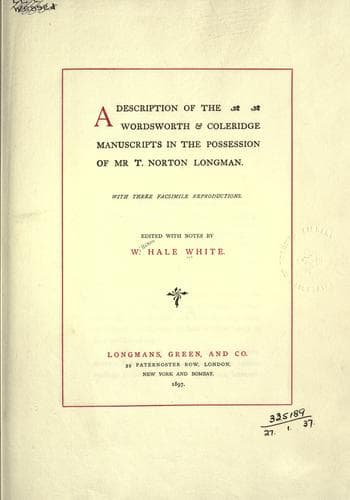 Cover of A description of the Wordsworth & Coleridge manuscripts in the possession of Mr. T. Norton Longman.