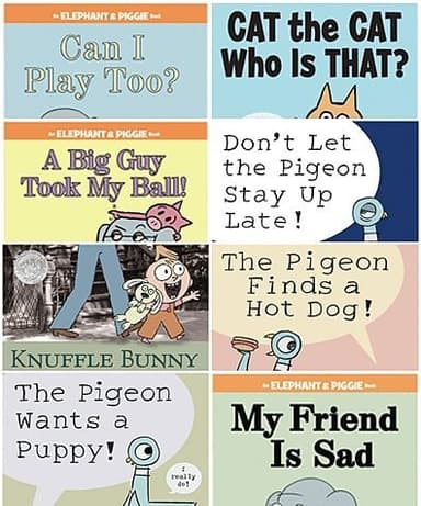 Cover of Mo Willems Set of 8 Paperback Books Includes Can I Play Too?, a Big Guy Took My Ball, Cat the Cat Who Is That?, Knuffle Bunny, the Pigeon Finds a Hot Dog!, Don't Let Pigeon the Stay up Late!, the Pigeon Wants a Puppy!, & My Friend Is Sad