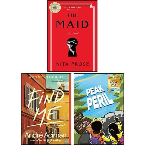 Cover of The Maid By Nita Prose, Find Me By André Aciman & Peak Peril By Sharna Jackson 3 Books Collection Set